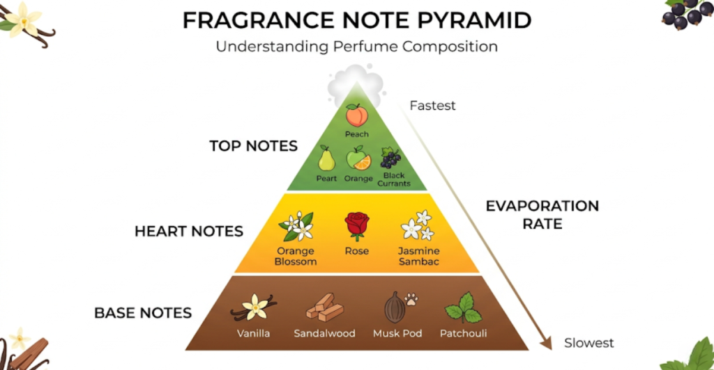 Infographic showing the top, heart, and base notes of Fakhar Lattafa fragrance