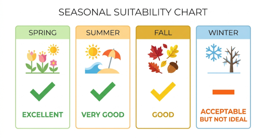 Seasonal suitability chart for Fakhar Lattafa showing it works best in spring and summer