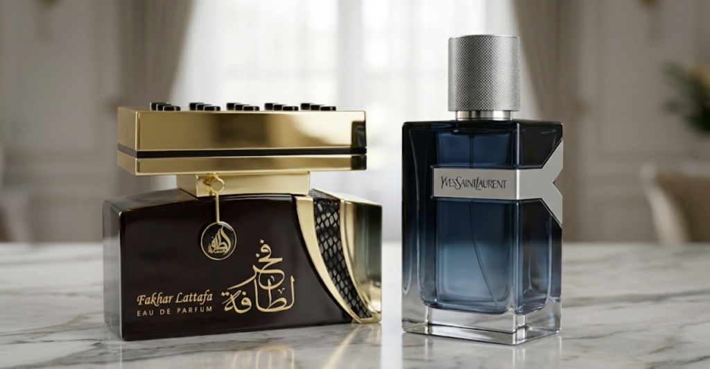 Comparison image of Lattafa Fakhar and YSL Y Eau de Parfum bottles showing 90% scent similarity