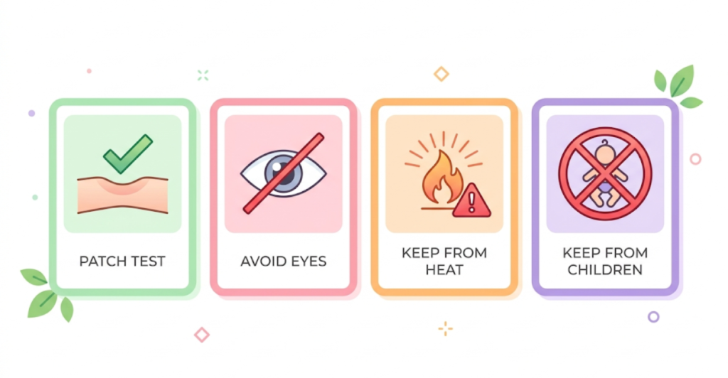 Safety icons for perfume use including patch test, avoid eye contact, keep from heat, and keep from children