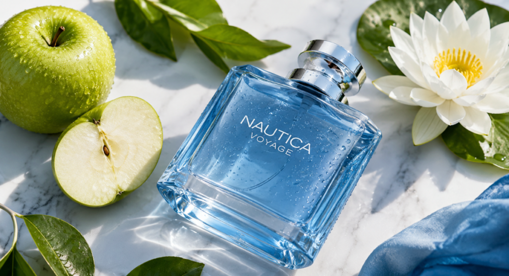 Nautica Voyage's scent story — green apple, lotus, and clean aquatic freshness in one bottle.