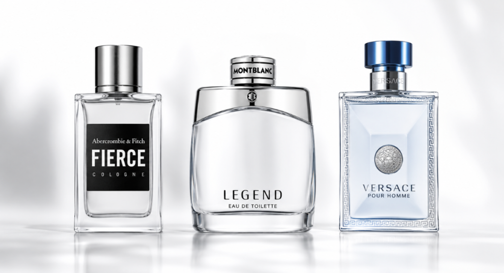 Comparison of three fresh masculine fragrances: Abercrombie Fierce, Montblanc Legend, and Versace Pour Homme.