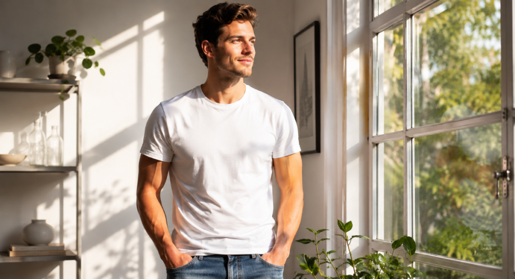 Confident young man wearing Abercrombie Fierce, standing in morning sunlight, ready for a casual day out.