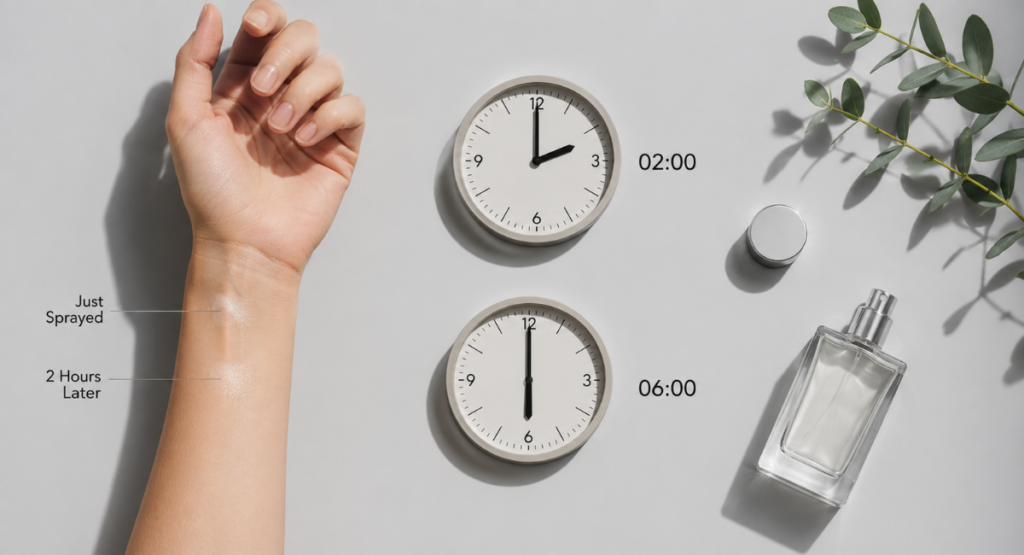 Skin longevity test of Abercrombie Fierce showing time stamps from 2 to 6 hours.