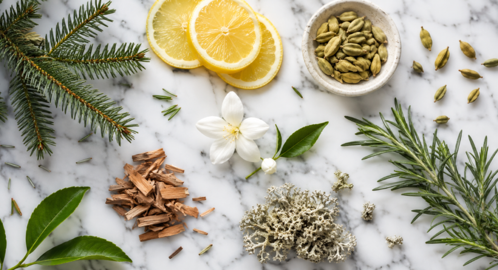 Flat lay of fir, lemon, cardamom, rosemary, jasmine, sandalwood, and oakmoss representing Fierce fragrance notes.