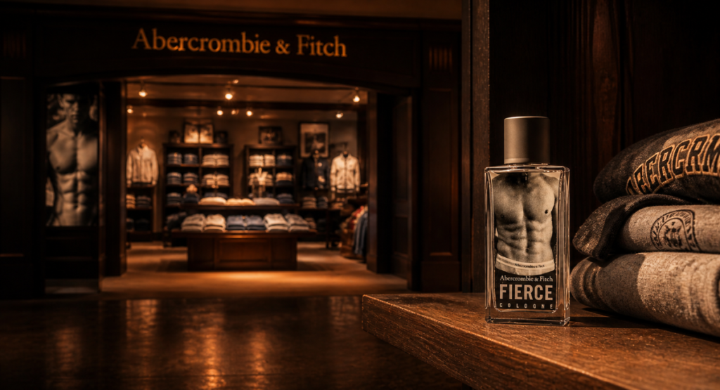 Abercrombie & Fitch Fierce perfume bottle in front of a dimly lit store display, evoking nostalgia for the 2000s.