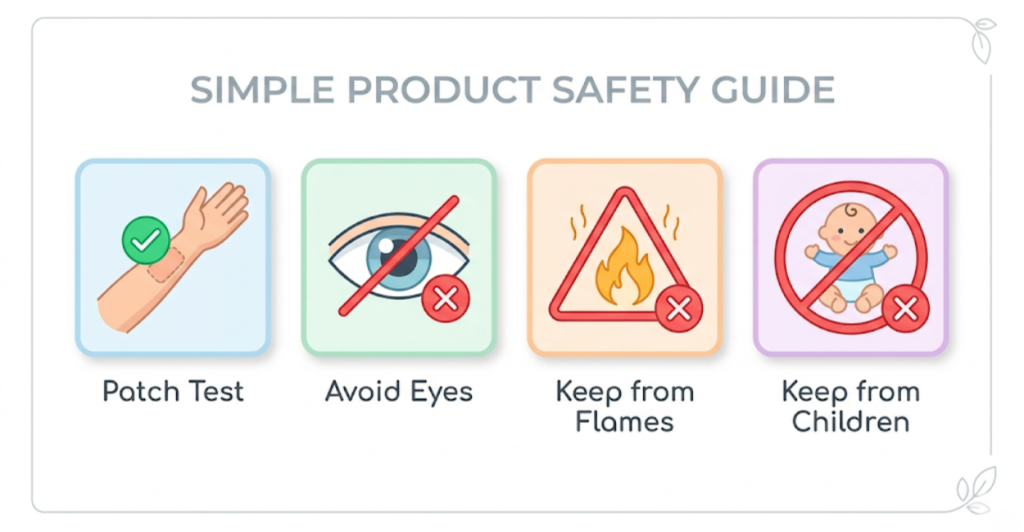 Safety icons for perfume use including patch test, avoid eye contact, keep from flames, and keep from children