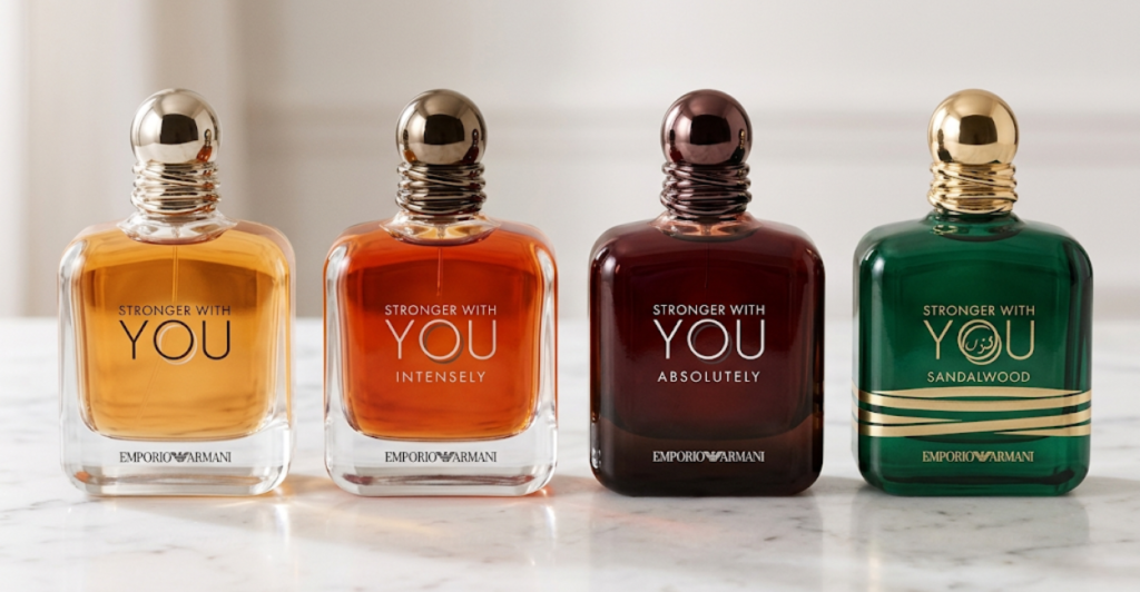 Four Stronger With You flankers side by side: original, Intensely, Absolutely, and Sandalwood showing bottle color differences