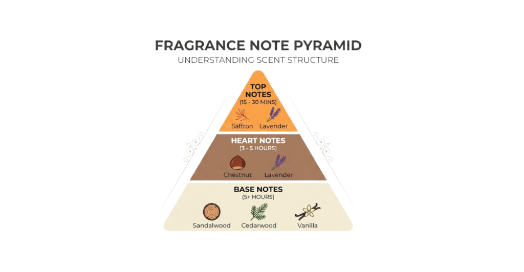 Infographic showing the top, heart, and base notes of Stronger With You Sandalwood: saffron and lavender top, chestnut and lavender heart, sandalwood, cedarwood, and vanilla base