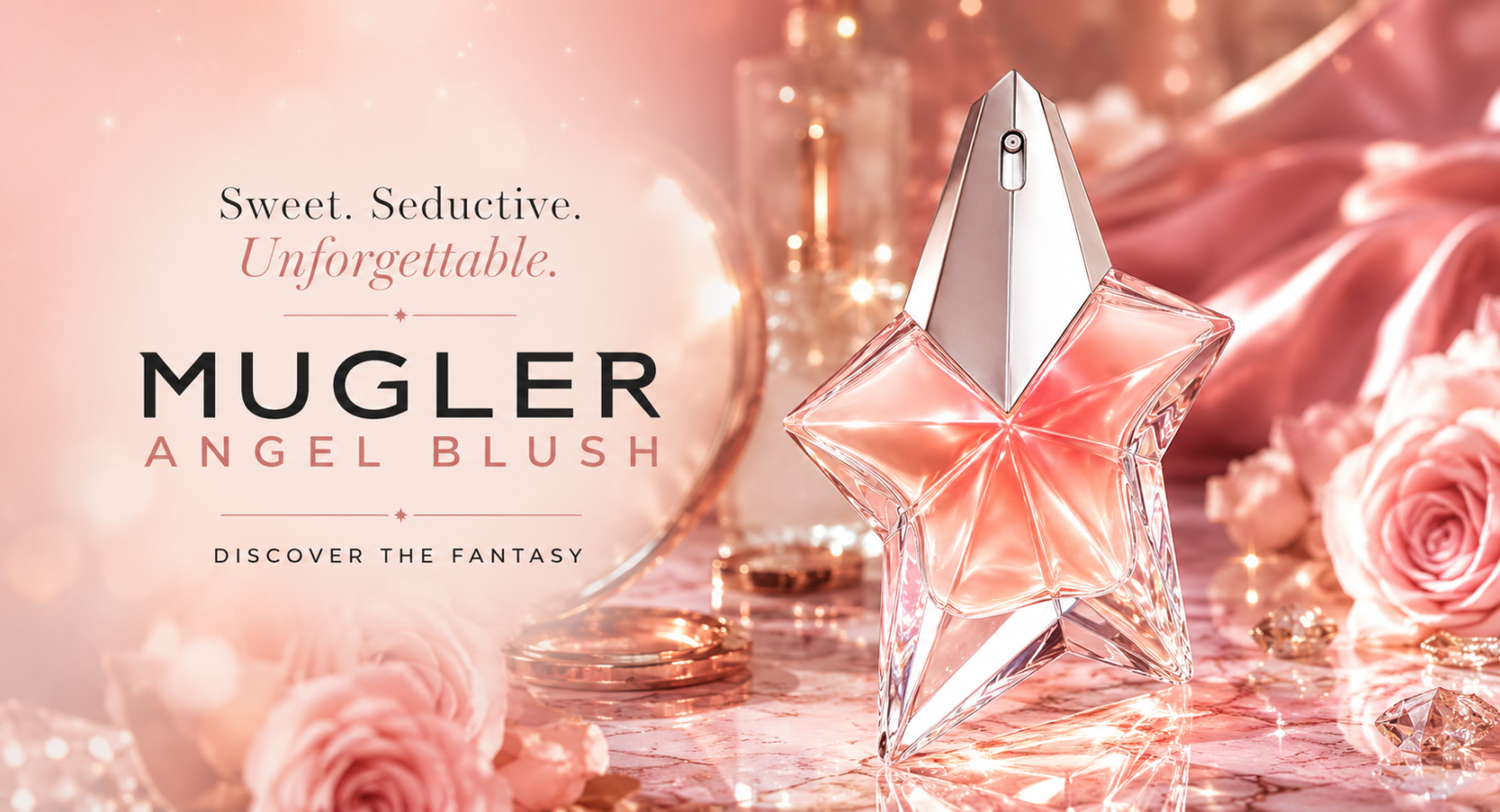 Luxury featured image of Mugler Angel Blush showcasing a crystal star-shaped perfume bottle with soft pink tones and metallic silver accents placed on a glossy blush marble surface. Surrounded by pink roses, sparkling crystals, satin fabric, and warm glowing lights creating a dreamy feminine luxury atmosphere. Elegant text overlay reads “Sweet. Seductive. Unforgettable.” with “Discover The Fantasy.”