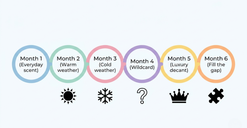 Six month timeline for building a perfume collection – everyday, warm weather, cold weather, wildcard, luxury decant, gap filler