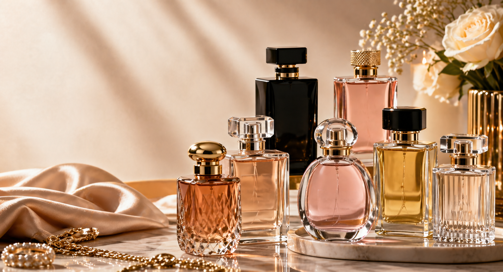 Affordable luxury perfumes arranged elegantly on a marble surface with warm lighting, representing budget-friendly scents that smell expensive.