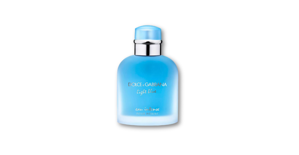 Dolce & Gabbana Light Blue bottle with a clear blue sky, lemon slices, and a Mediterranean sea view, symbolizing a bright, fruity-floral aquatic scent.
