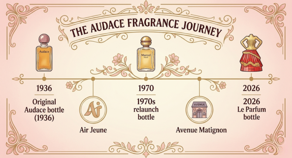  Timeline showing Audace heritage from 1936 original to 2026 Le Parfum, marking 90 years of Rochas daring fragrance history