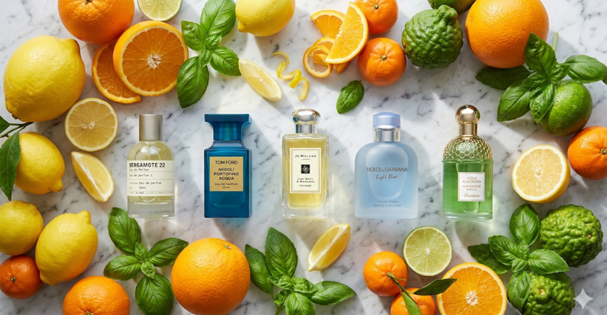 Flat lay of citrus perfume bottles including Le Labo Bergamote 22, Tom Ford Neroli Portofino, Jo Malone Lime Basil Mandarin, and Dolce Gabbana Light Blue, arranged with fresh lemons, oranges, limes, basil leaves, and morning sunlight – best citrus perfumes for summer 2026 bright zesty and energizing