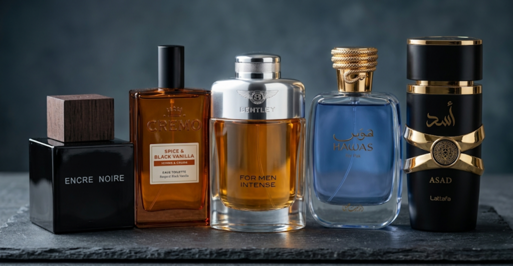Grid of four top budget colognes for men under 50 dollars: Armaf Club de Nuit Intense Man (black bottle with gold), Montblanc Explorer (black rectangular with star), Nautica Voyage (blue bottle with silver), Versace Pour Homme (clear bottle with Greek medallion) – best affordable fragrances that smell expensive