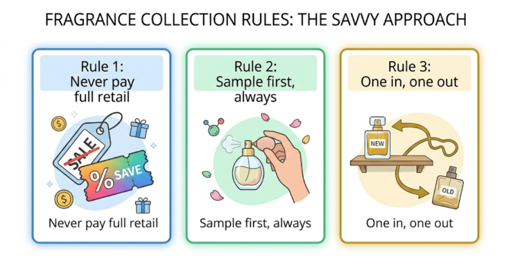 Three rules for budget fragrance collecting – never pay full retail, sample first, one in one out