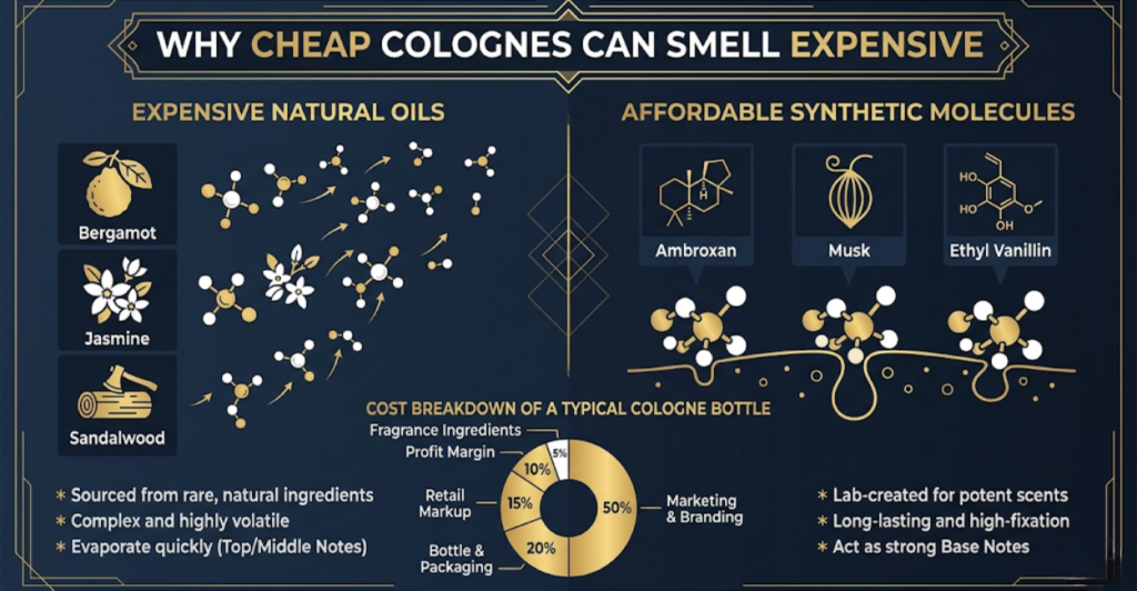 Infographic showing the difference between expensive natural oils (volatile, evaporate quickly) and affordable synthetic molecules like Ambroxan and musk (larger molecules, cling to skin) – why cheap colognes can smell expensive and last all day