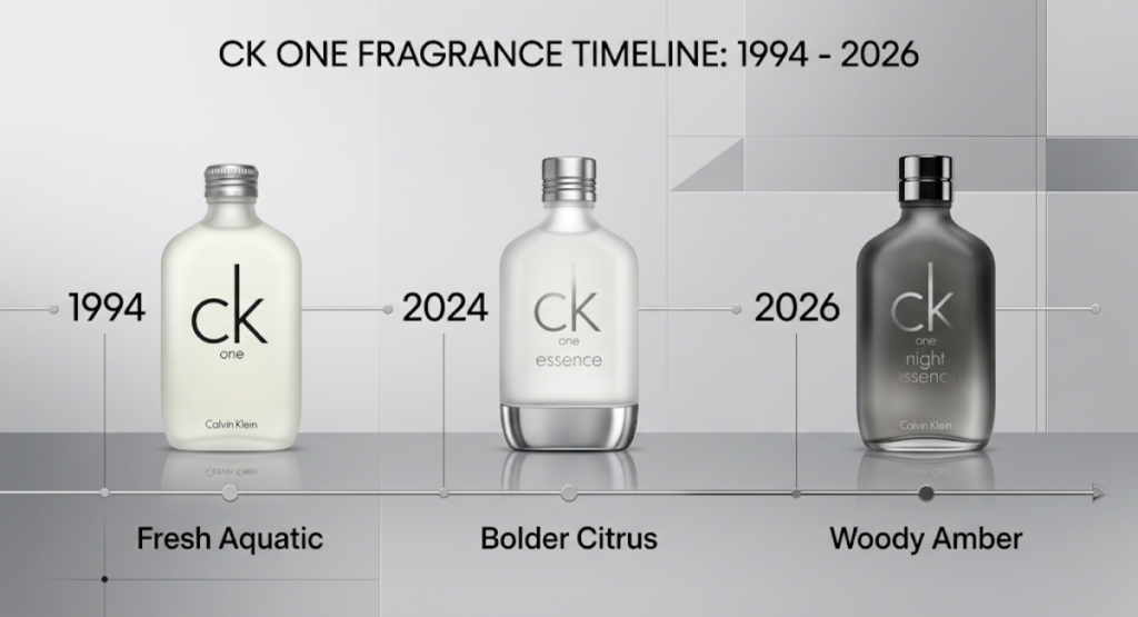  Timeline of CK One heritage from 1994 original to 2024 Essence to 2026 Night Essence, showing evolution from fresh aquatic to modern woody amber
