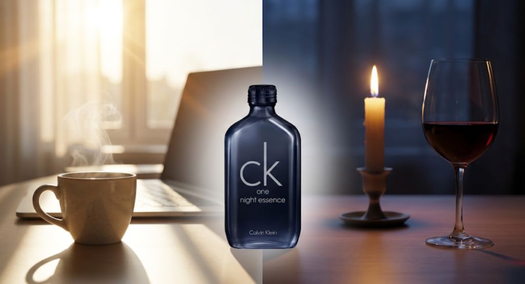 Split scene showing morning office and evening dinner with CK One Night Essence bottle in centre – day to night transition concept