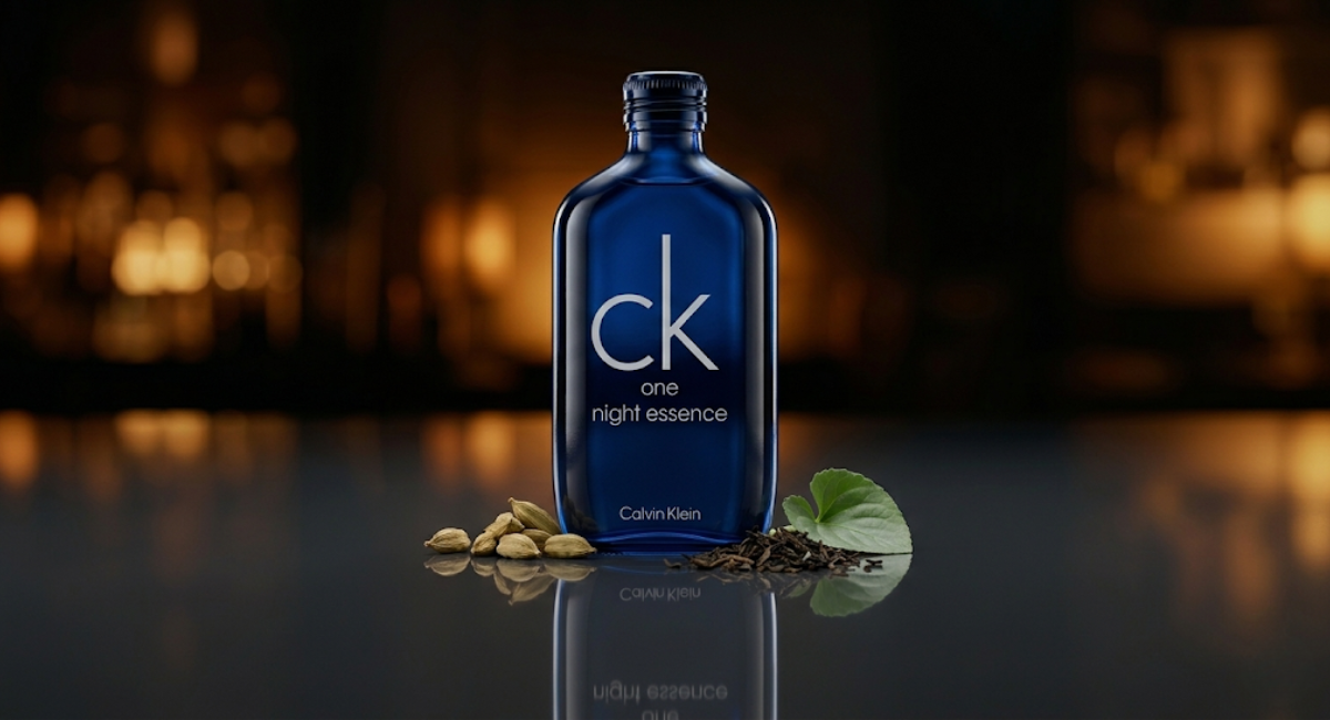 CK One Night Essence by Calvin Klein 2026 Eau de Parfum Intense bottle – minimalist black design on dark grey surface, surrounded by cardamom, tea leaves, and violet