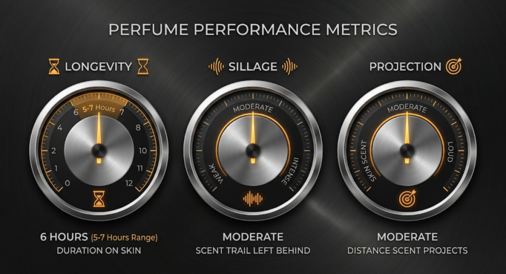 Performance gauge infographic for CK One Night Essence showing longevity 5-7 hours, moderate sillage, and moderate projection