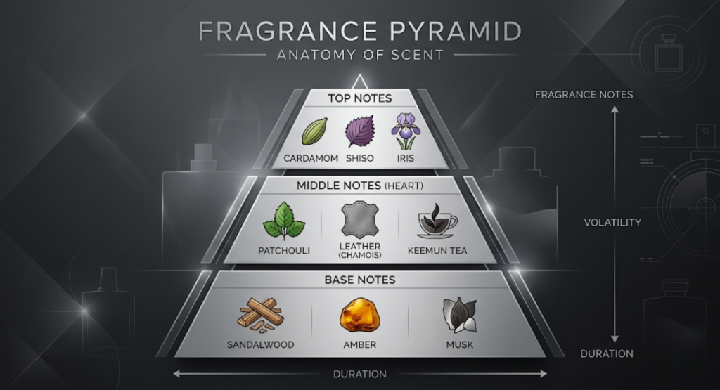 Fragrance pyramid infographic for CK One Night Essence showing top notes cardamom shiso iris, heart notes patchouli leather keemun tea, base notes sandalwood amber musk