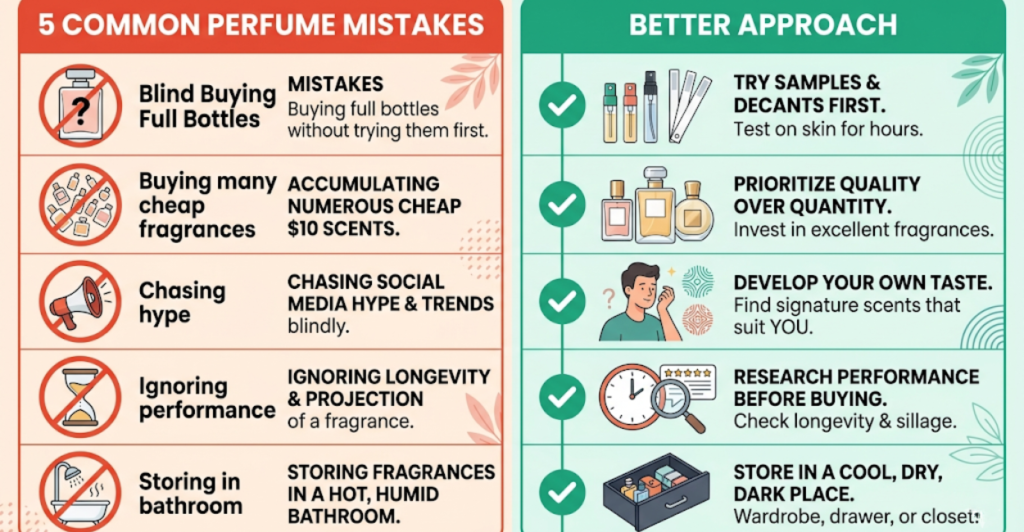 Common fragrance collecting mistakes to avoid – blind buying, chasing hype, ignoring longevity, bathroom storage