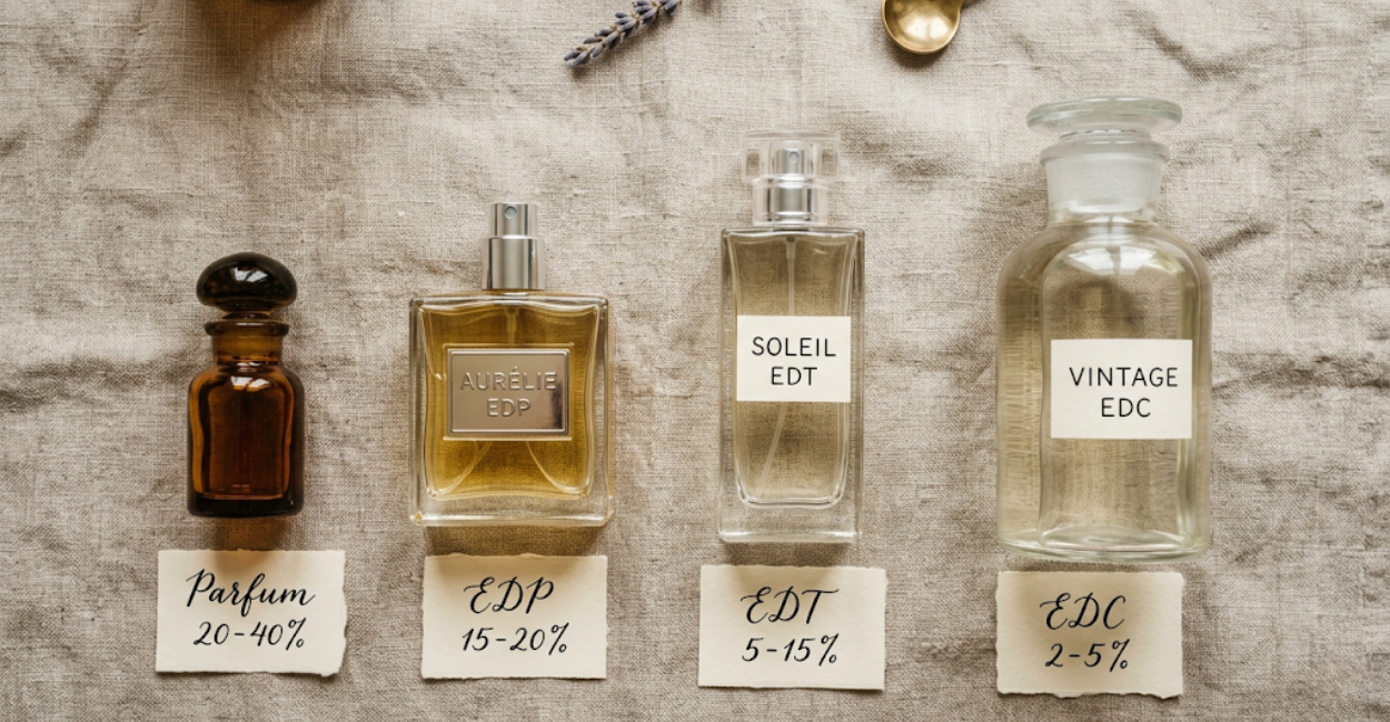 Fragrance concentration cheat sheet showing Parfum, Eau de Parfum, Eau de Toilette and Eau de Cologne bottles with oil percentage labels