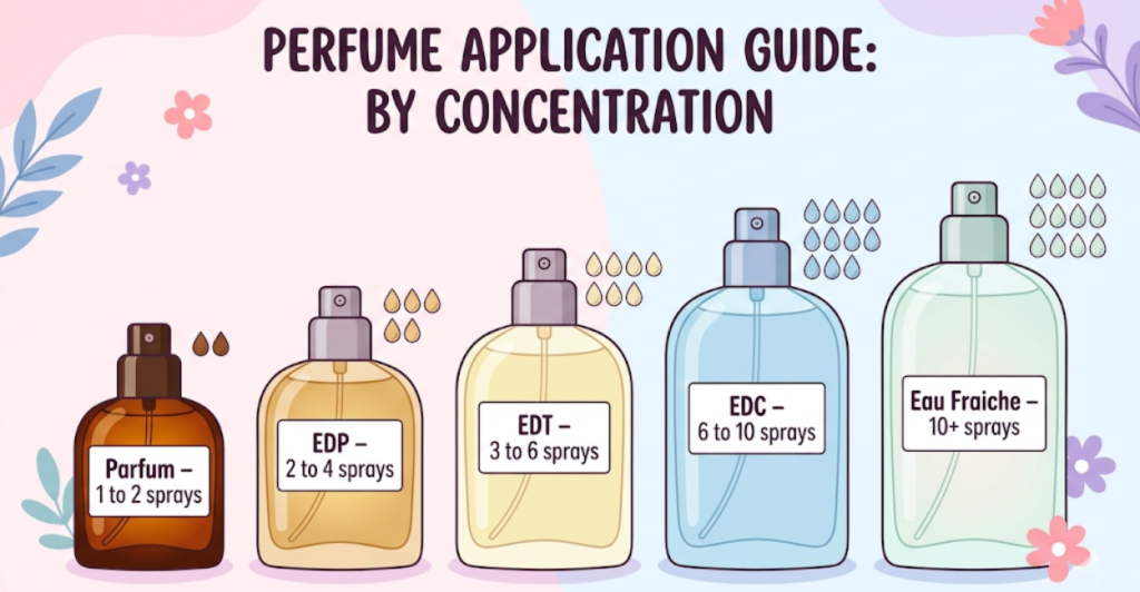 Visual guide showing recommended number of sprays for each fragrance concentration – Parfum 1-2, EDP 2-4, EDT 3-6, EDC 6-10, Eau Fraiche 10+