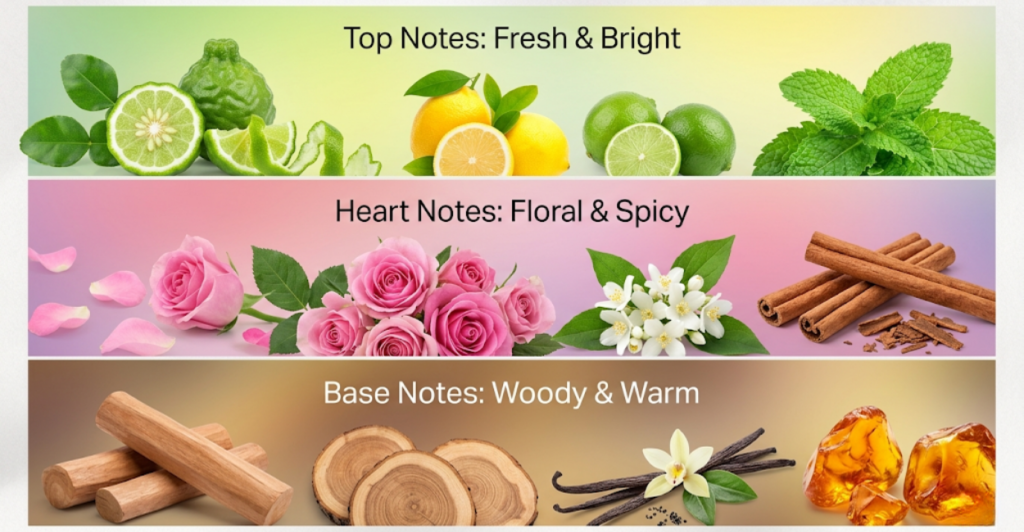 Visual guide to fragrance note families – top notes citrus and herbs, heart notes floral and spice, base notes woods and vanilla