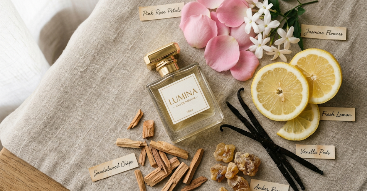 Ultimate guide to fragrance notes – perfume bottle with top, heart and base note ingredients arranged around it