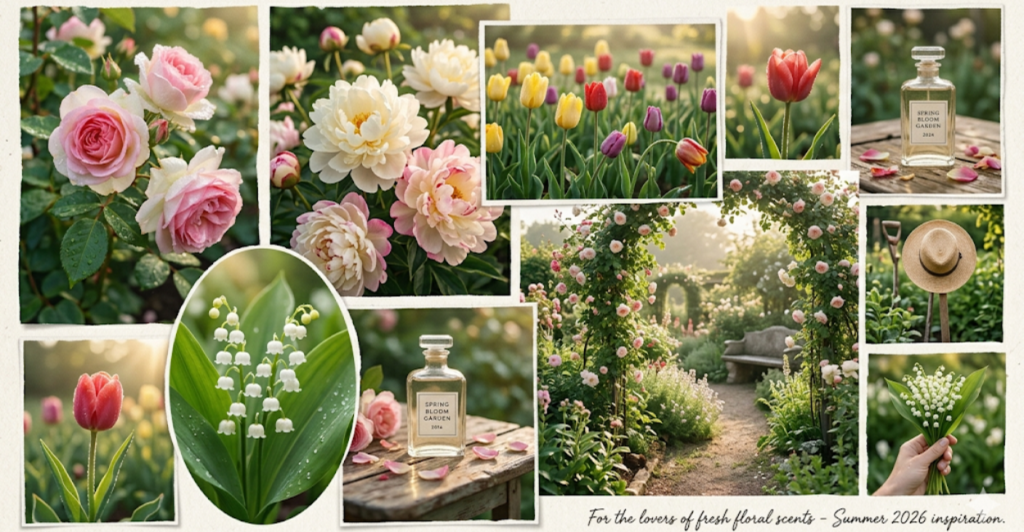 Collage of a blooming garden with roses, peonies, tulips, and lily of the valley, soft morning light, dew on petals – inspiration for fresh floral perfume lovers summer 2026