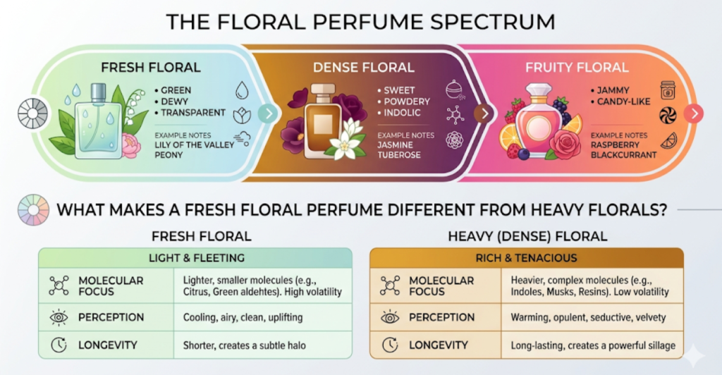 Infographic showing the floral spectrum from fresh floral (green, dewy, transparent) to dense floral (sweet, powdery, indolic) to fruity floral (jammy, candy-like) – what makes a fresh floral perfume different from heavy florals