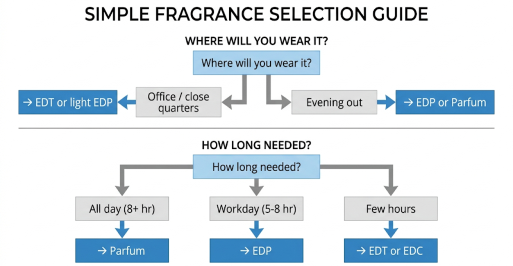 Decision flowchart helping readers choose the right fragrance concentration based on occasion, longevity needs and budget