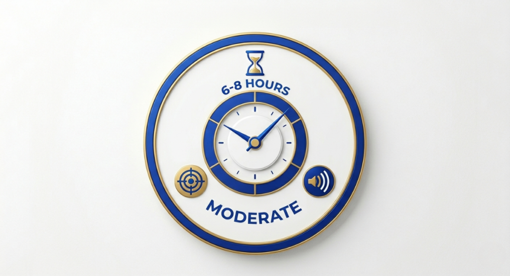 Performance gauge infographic for Light Blue Eau de Parfum showing longevity 6-8 hours, moderate sillage, and moderate projection