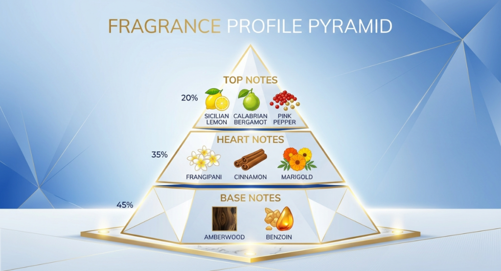  Fragrance pyramid infographic for Light Blue Eau de Parfum showing top notes Sicilian lemon Calabrian bergamot pink pepper, heart notes frangipani cinnamon marigold, base notes amberwood benzoin