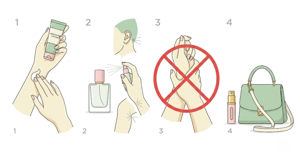 Step‑by‑step: moisturise → spray on pulse points → don’t rub