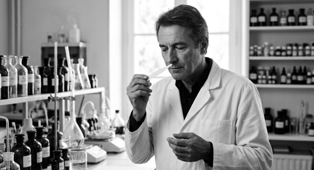Black and white portrait of master perfumer Olivier Cresp, creator of Dolce & Gabbana Light Blue, in his Grasse laboratory