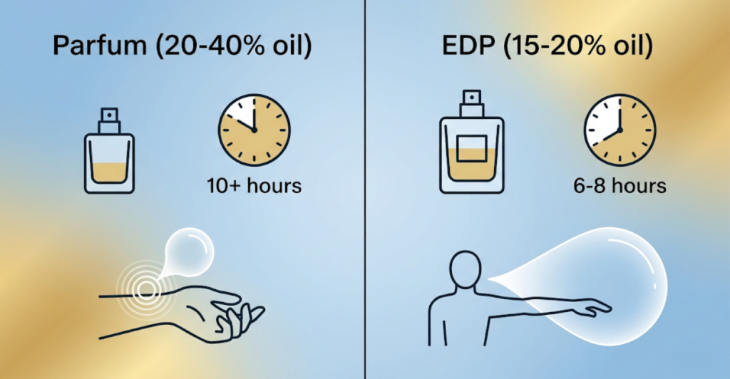 Visual comparison of Parfum versus Eau de Parfum showing longevity of 8-12 hours for Parfum with intimate projection versus 5-8 hours for EDP with moderate projection