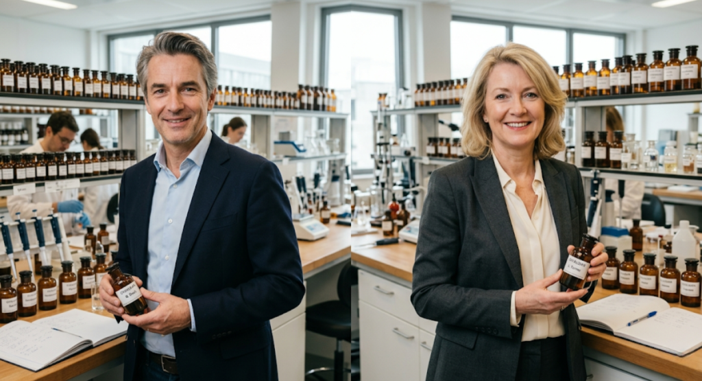 Portrait of perfumers Quentin Bisch and Louise Turner, creators of Rochas Audace Le Parfum 2026]