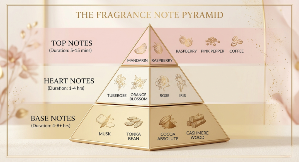  Fragrance pyramid infographic for Rochas Audace Le Parfum showing top notes mandarin raspberry pink pepper coffee, heart notes tuberose orange blossom rose iris, base notes musk tonka bean cocoa absolute cashmere wood]