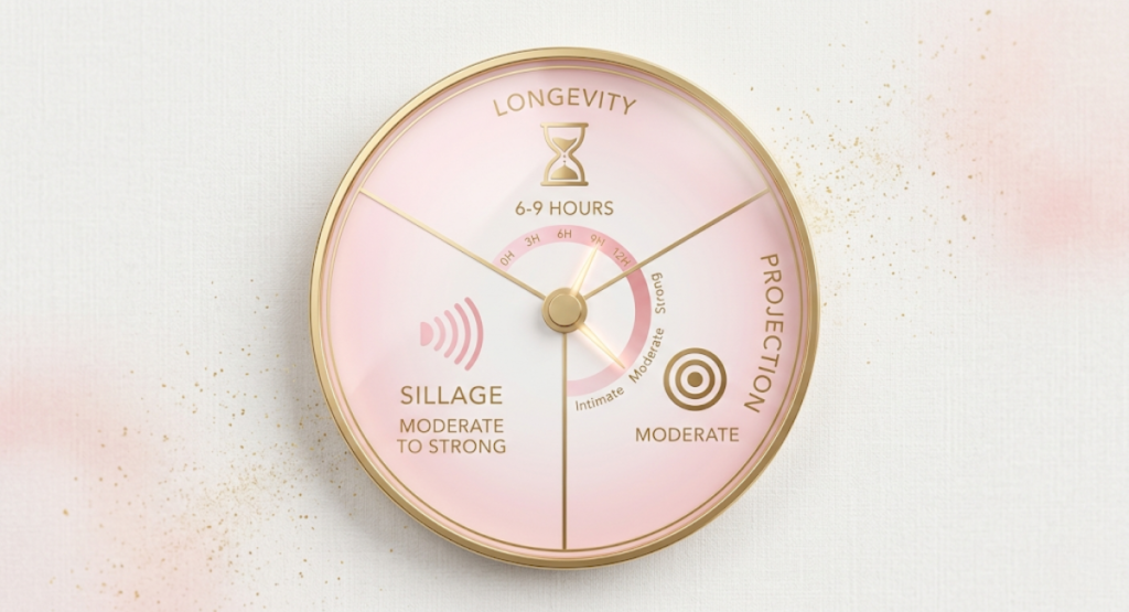 Performance gauge infographic for Rochas Audace Le Parfum showing longevity 6-9 hours, moderate to strong sillage, and moderate projection