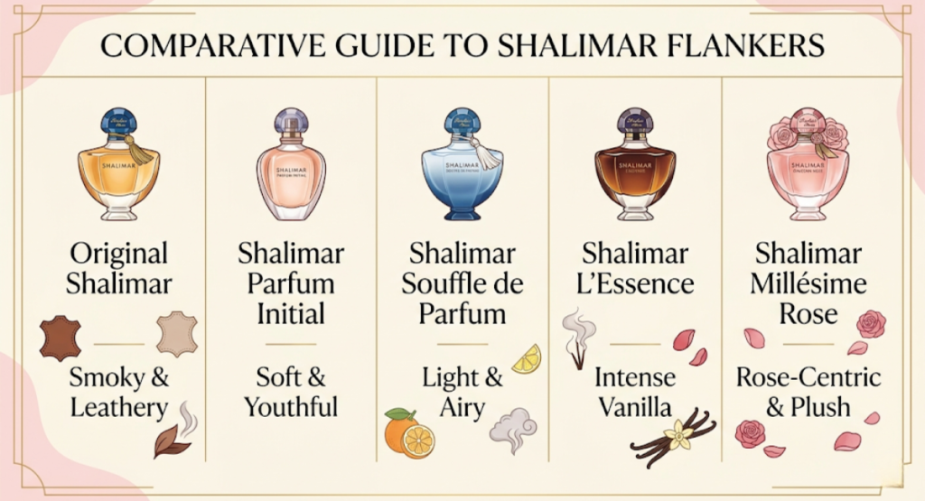 Comparison graphic of five Shalimar flankers: Original, Parfum Initial, Souffle, L'Essence, and Millesime Rose, showing their different scent profiles