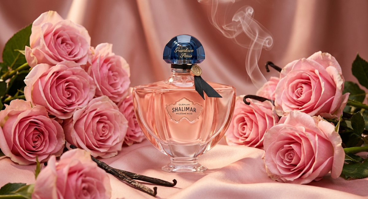 Shalimar Millesime Rose by Guerlain 2026 limited edition bottle – iconic pedestal flacon with pink batwing label, surrounded by roses and vanilla