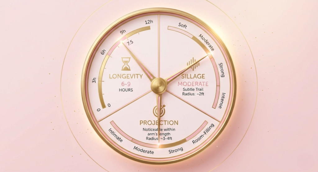 Performance gauge infographic for Shalimar Millesime Rose showing longevity 6-9 hours, moderate sillage, and moderate projection