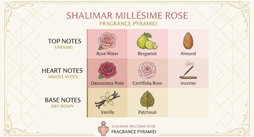 Fragrance pyramid infographic for Shalimar Millesime Rose showing top notes rose water bergamot almond, heart notes Damascena rose Centifolia rose incense, base notes vanilla patchouli