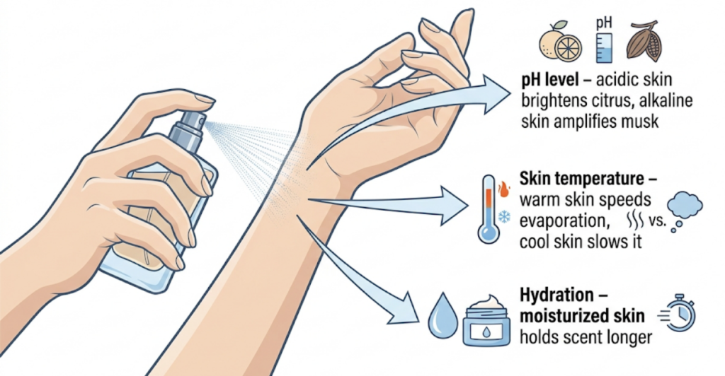 Infographic explaining how skin pH, temperature and hydration change the way perfume smells on you