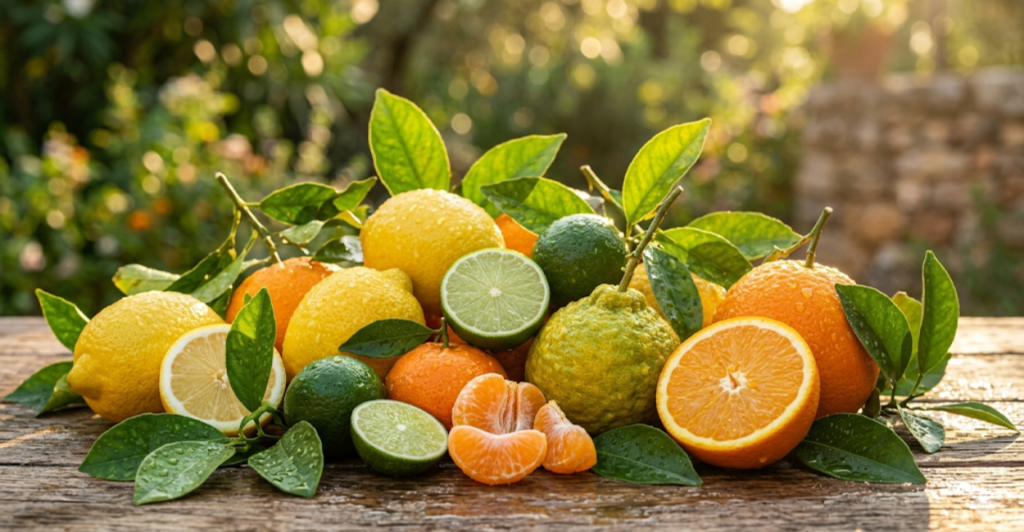 Collage of fresh citrus fruits – lemons, oranges, bergamot, limes, and mandarins – with green leaves and bright sunlight, evoking freshness and energy – citrus perfume inspiration for summer 2026