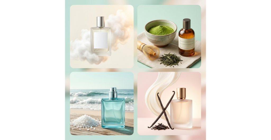 4 quadrants: Skin Scents, Matcha Notes, Aquatic/Mineral, Light Vanilla